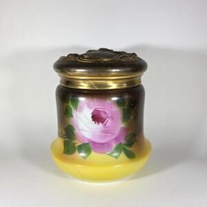 Vintage Art Nouveau Rose Milk Glass Humidor Jar w/ Brass Lid